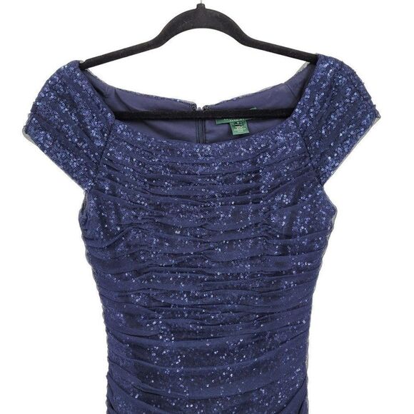 Vintage 80's Lauren Dress Mini Bodycon Formal Net Sequin Overlay Ruched Navy 4 - Picture 8 of 16